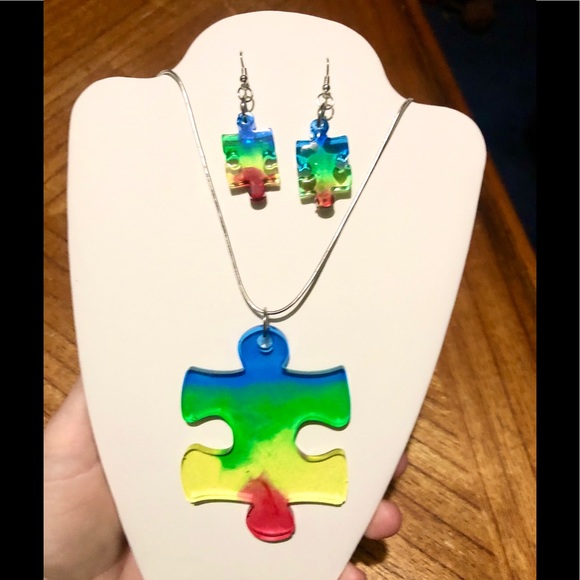 💙💚💛❤️🧩 Autism awareness Puzzle piece Necklace/pendant set Made to Order - Picture 2 of 6